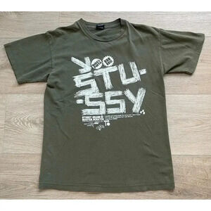 Stussy Y2K Streetwear Men's Graphic T-Shirt Green White Grand Master Scratch M